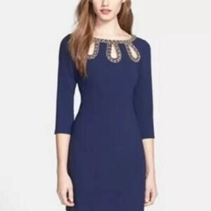 Lilly Pulitzer Bronte Embellished Shift Dress Navy Jeweled 3/4 Sleeve Dress 0